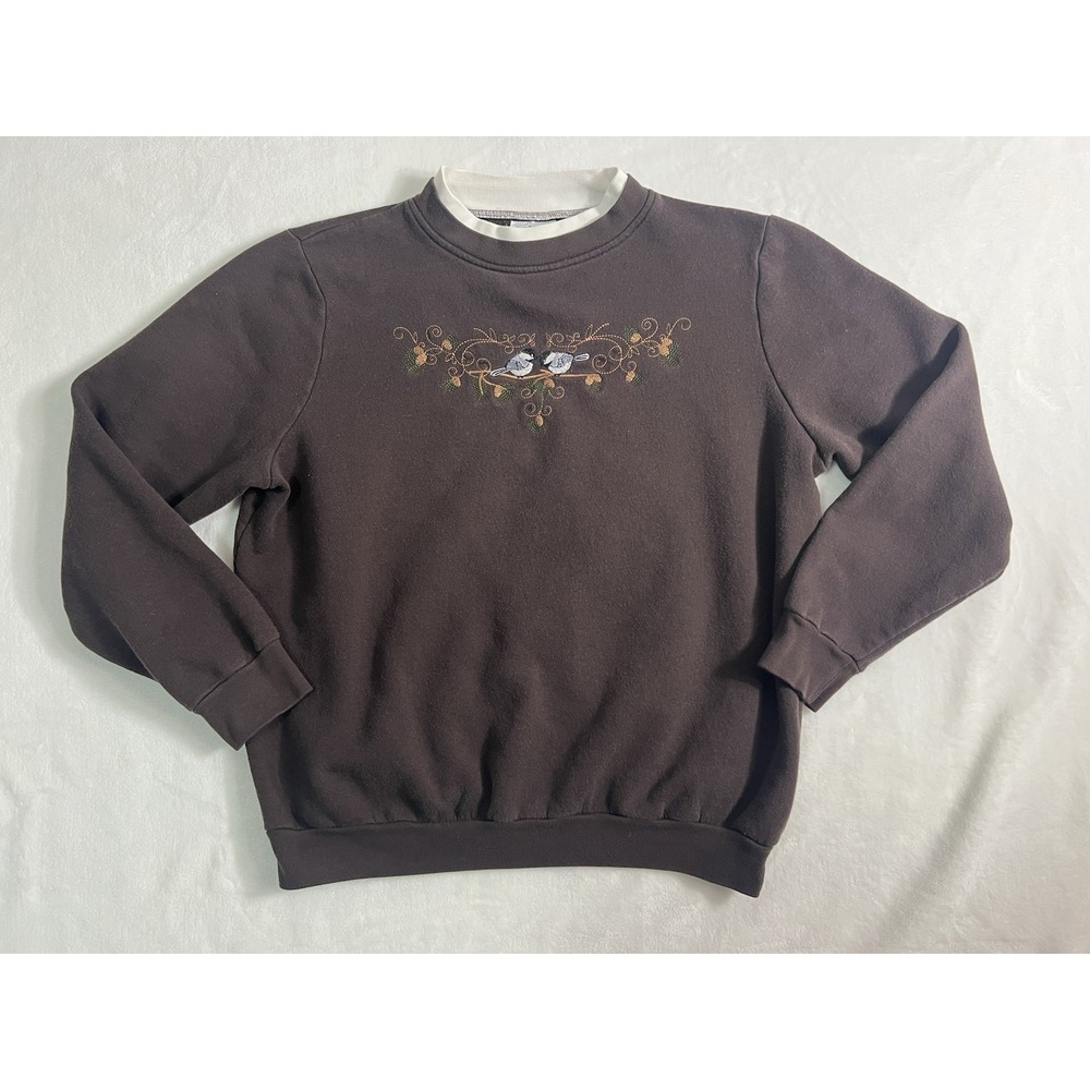 Bon Worth Pullover Sweatshirt Brown Bird Embroidered Women's S Knit Casual